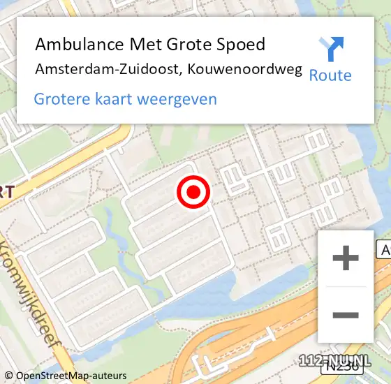 Locatie op kaart van de 112 melding: Ambulance Met Grote Spoed Naar Amsterdam-Zuidoost, Kouwenoordweg op 4 april 2022 00:16