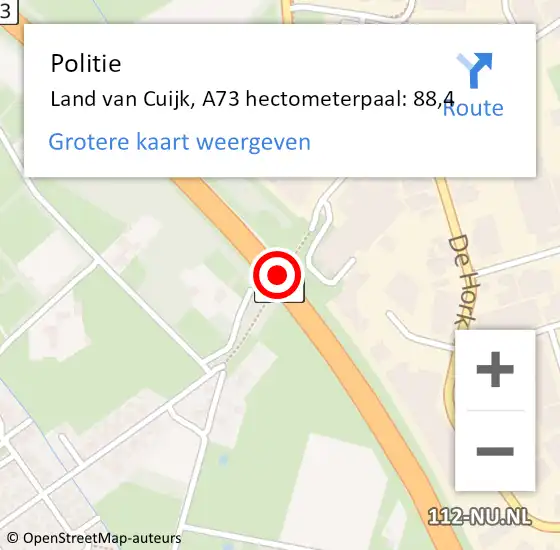 Locatie op kaart van de 112 melding: Politie Land van Cuijk, A73 hectometerpaal: 88,4 op 4 april 2022 06:36
