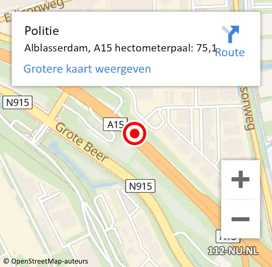 Locatie op kaart van de 112 melding: Politie Alblasserdam, A15 hectometerpaal: 75,1 op 4 april 2022 07:29