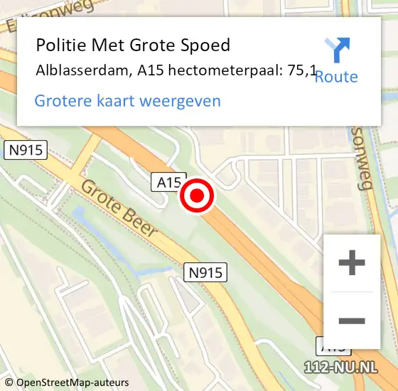 Locatie op kaart van de 112 melding: Politie Met Grote Spoed Naar Alblasserdam, A15 hectometerpaal: 75,1 op 4 april 2022 07:30