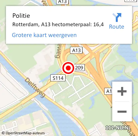 Locatie op kaart van de 112 melding: Politie Rotterdam, A13 hectometerpaal: 16,4 op 4 april 2022 10:15