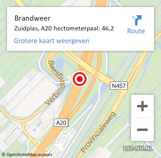 Locatie op kaart van de 112 melding: Brandweer Zuidplas, A20 hectometerpaal: 46,2 op 4 april 2022 10:50