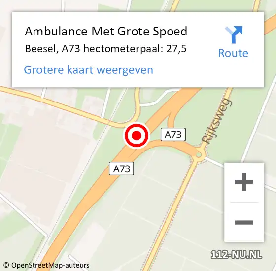 Locatie op kaart van de 112 melding: Ambulance Met Grote Spoed Naar Beesel, A73 hectometerpaal: 27,5 op 4 april 2022 11:59