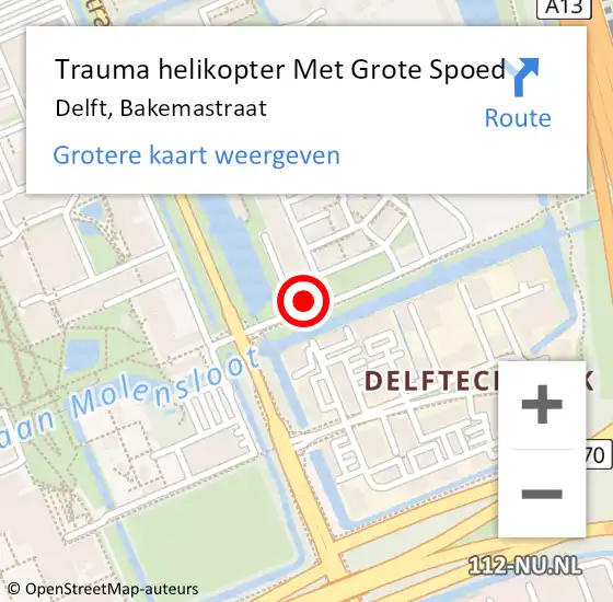 Locatie op kaart van de 112 melding: Trauma helikopter Met Grote Spoed Naar Delft, Bakemastraat op 4 april 2022 12:12