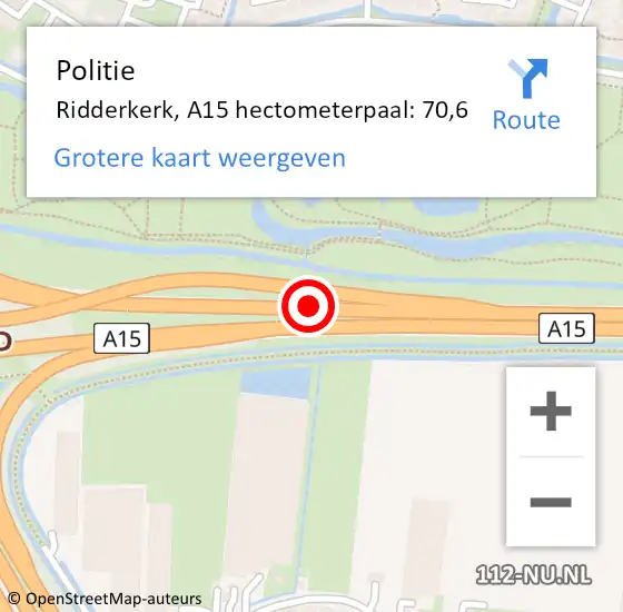 Locatie op kaart van de 112 melding: Politie Ridderkerk, A15 hectometerpaal: 70,6 op 4 april 2022 13:32