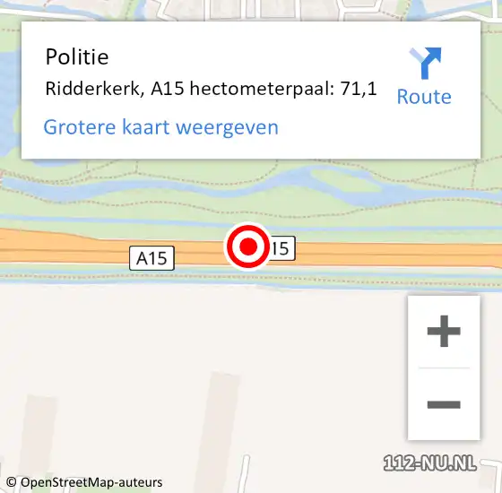 Locatie op kaart van de 112 melding: Politie Ridderkerk, A15 hectometerpaal: 71,1 op 4 april 2022 13:38