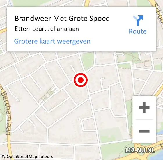 Locatie op kaart van de 112 melding: Brandweer Met Grote Spoed Naar Etten-Leur, Julianalaan op 4 april 2022 14:12