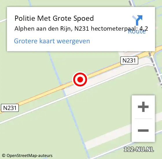 Locatie op kaart van de 112 melding: Politie Met Grote Spoed Naar Alphen aan den Rijn, N231 hectometerpaal: 4,2 op 4 april 2022 16:31
