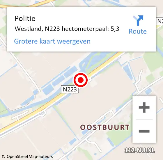 Locatie op kaart van de 112 melding: Politie Westland, N223 hectometerpaal: 5,3 op 4 april 2022 17:23