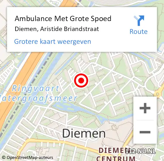 Locatie op kaart van de 112 melding: Ambulance Met Grote Spoed Naar Diemen, Aristide Briandstraat op 4 april 2022 21:16