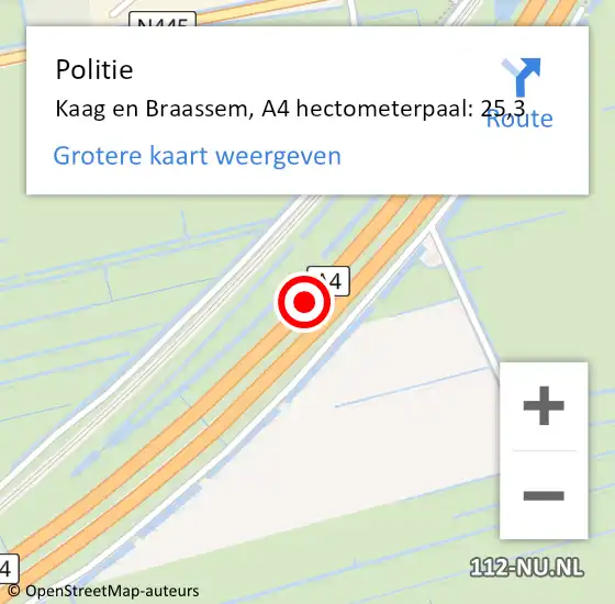 Locatie op kaart van de 112 melding: Politie Kaag en Braassem, A4 hectometerpaal: 25,3 op 5 april 2022 00:05