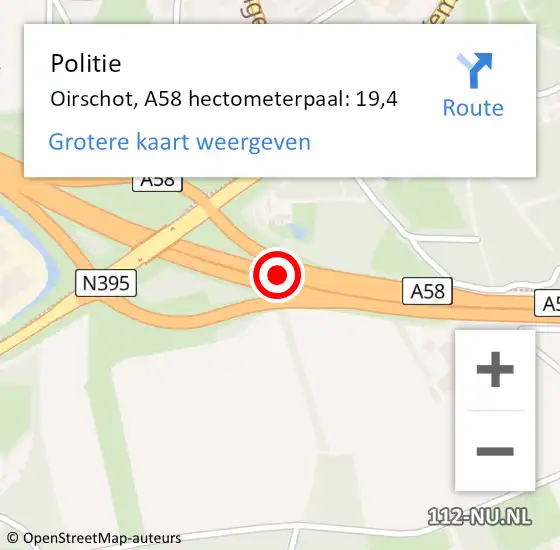 Locatie op kaart van de 112 melding: Politie Oirschot, A58 hectometerpaal: 19,4 op 5 april 2022 07:54