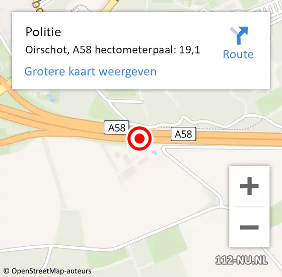 Locatie op kaart van de 112 melding: Politie Oirschot, A58 hectometerpaal: 19,1 op 5 april 2022 07:55