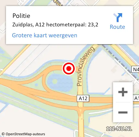 Locatie op kaart van de 112 melding: Politie Zuidplas, A12 hectometerpaal: 23,2 op 5 april 2022 08:05