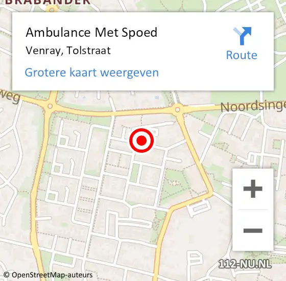 Locatie op kaart van de 112 melding: Ambulance Met Spoed Naar Venray, Tolstraat op 13 juli 2014 11:54