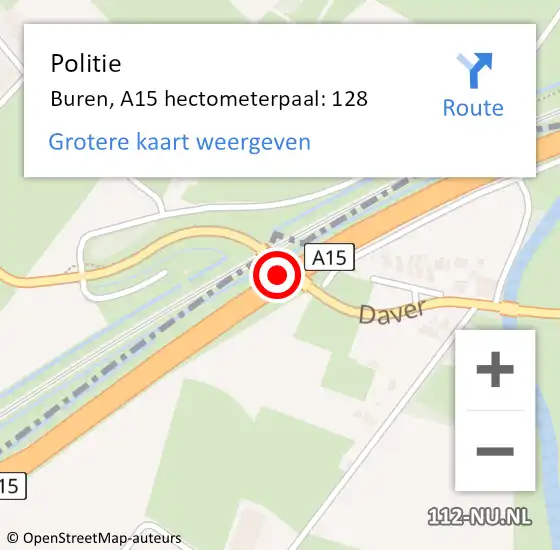 Locatie op kaart van de 112 melding: Politie Buren, A15 hectometerpaal: 128 op 5 april 2022 10:48