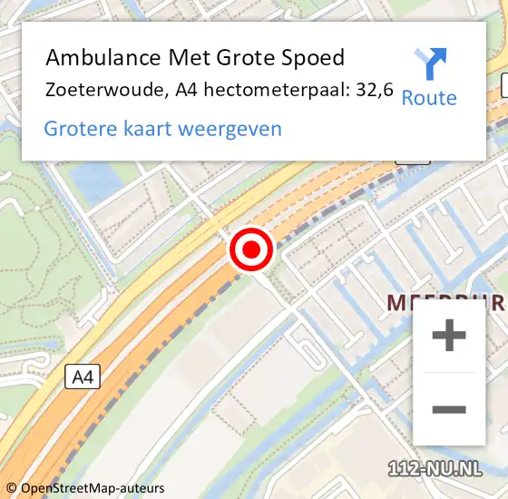 Locatie op kaart van de 112 melding: Ambulance Met Grote Spoed Naar Zoeterwoude, A4 hectometerpaal: 32,6 op 5 april 2022 13:24