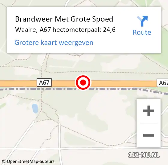 Locatie op kaart van de 112 melding: Brandweer Met Grote Spoed Naar Waalre, A67 hectometerpaal: 24,6 op 5 april 2022 14:07