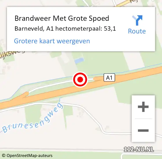 Locatie op kaart van de 112 melding: Brandweer Met Grote Spoed Naar Barneveld, A1 hectometerpaal: 53,1 op 5 april 2022 14:34