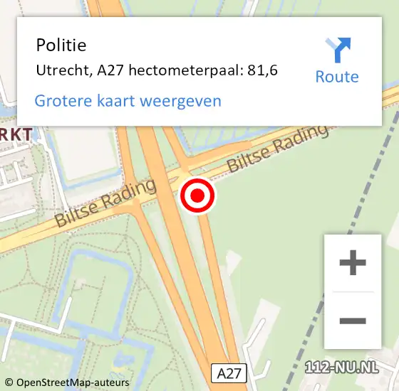 Locatie op kaart van de 112 melding: Politie Utrecht, A27 hectometerpaal: 81,6 op 5 april 2022 15:25