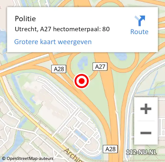 Locatie op kaart van de 112 melding: Politie Utrecht, A27 hectometerpaal: 80 op 5 april 2022 15:26