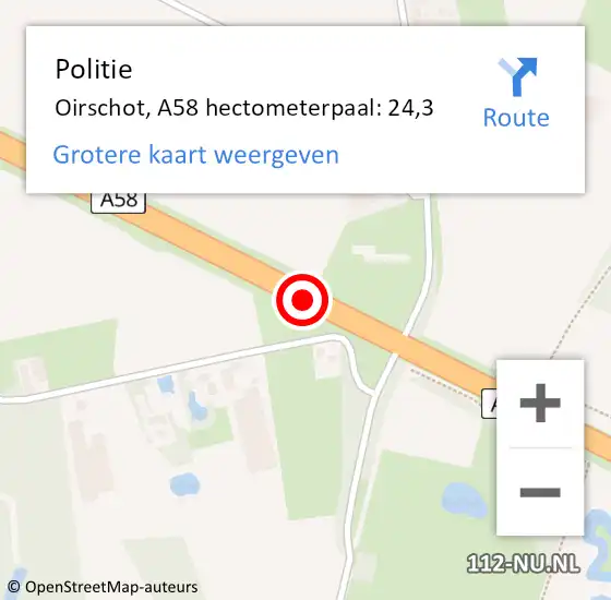 Locatie op kaart van de 112 melding: Politie Oirschot, A58 hectometerpaal: 24,3 op 5 april 2022 16:15