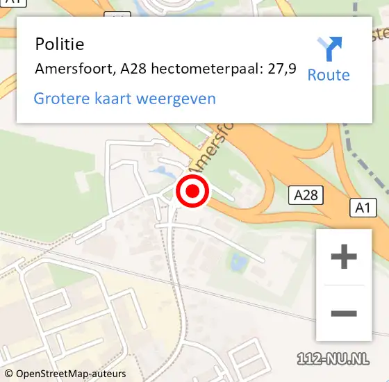 Locatie op kaart van de 112 melding: Politie Amersfoort, A28 hectometerpaal: 27,9 op 5 april 2022 17:48