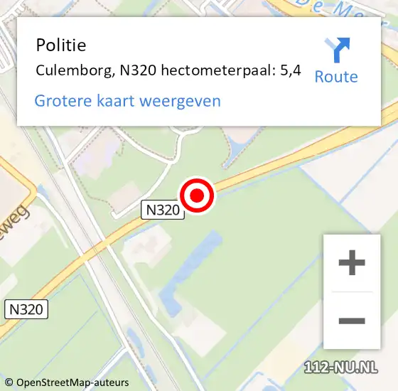 Locatie op kaart van de 112 melding: Politie Culemborg, N320 hectometerpaal: 5,4 op 5 april 2022 17:50