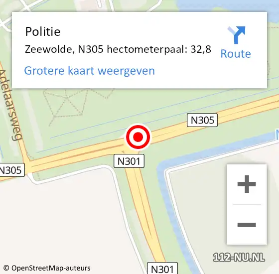 Locatie op kaart van de 112 melding: Politie Zeewolde, N305 hectometerpaal: 32,8 op 5 april 2022 18:59