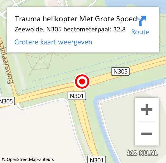Locatie op kaart van de 112 melding: Trauma helikopter Met Grote Spoed Naar Zeewolde, N305 hectometerpaal: 32,8 op 5 april 2022 19:04
