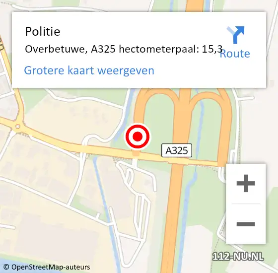 Locatie op kaart van de 112 melding: Politie Overbetuwe, A325 hectometerpaal: 15,3 op 5 april 2022 19:49