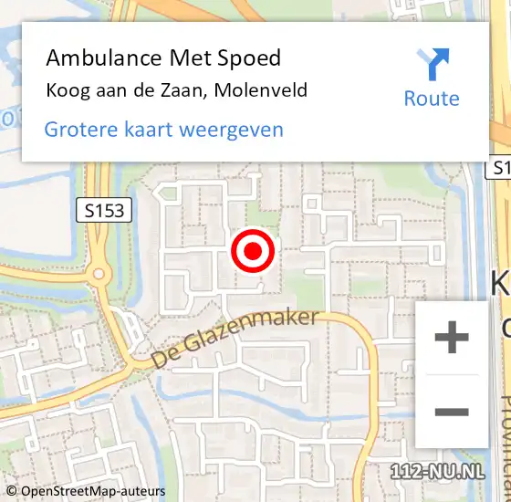 Locatie op kaart van de 112 melding: Ambulance Met Spoed Naar Koog aan de Zaan, Molenveld op 5 april 2022 22:24