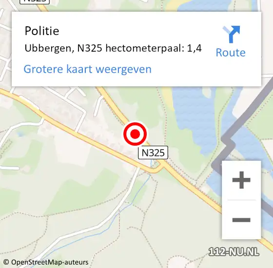Locatie op kaart van de 112 melding: Politie Ubbergen, N325 hectometerpaal: 1,4 op 6 april 2022 09:13