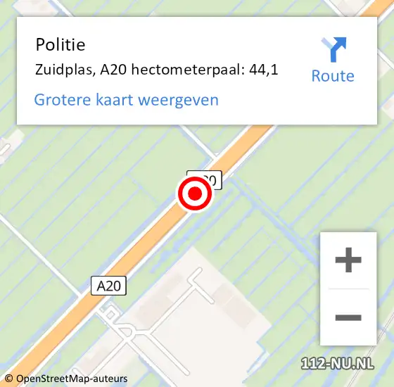 Locatie op kaart van de 112 melding: Politie Zuidplas, A20 hectometerpaal: 44,1 op 6 april 2022 09:14