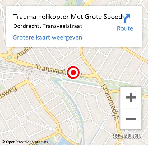 Locatie op kaart van de 112 melding: Trauma helikopter Met Grote Spoed Naar Dordrecht, Transvaalstraat op 6 april 2022 10:49