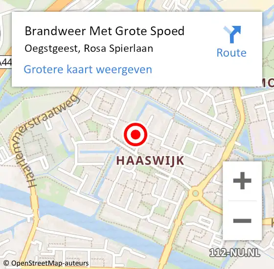 Locatie op kaart van de 112 melding: Brandweer Met Grote Spoed Naar Oegstgeest, Rosa Spierlaan op 6 april 2022 13:04