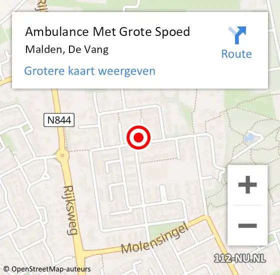 Locatie op kaart van de 112 melding: Ambulance Met Grote Spoed Naar Malden, De Vang op 6 april 2022 15:11