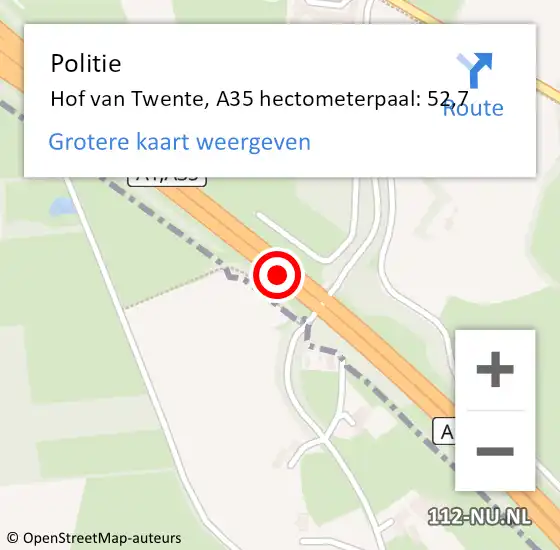 Locatie op kaart van de 112 melding: Politie Hof van Twente, A35 hectometerpaal: 52,7 op 6 april 2022 16:35