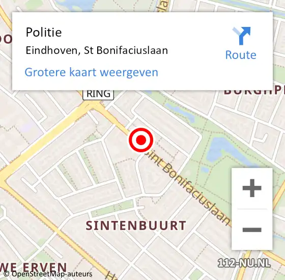 Locatie op kaart van de 112 melding: Politie Eindhoven, St Bonifaciuslaan op 6 april 2022 19:47