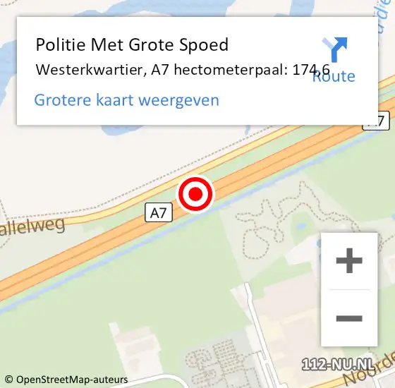 Locatie op kaart van de 112 melding: Politie Met Grote Spoed Naar Westerkwartier, A7 hectometerpaal: 174,6 op 6 april 2022 20:57