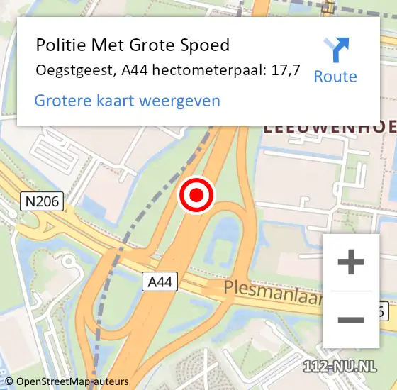 Locatie op kaart van de 112 melding: Politie Met Grote Spoed Naar Oegstgeest, A44 hectometerpaal: 17,7 op 6 april 2022 20:59