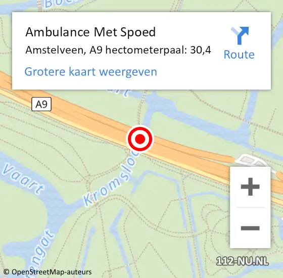Locatie op kaart van de 112 melding: Ambulance Met Spoed Naar Amstelveen, A9 hectometerpaal: 30,4 op 6 april 2022 22:48