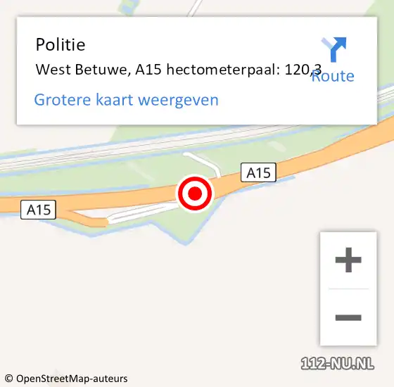 Locatie op kaart van de 112 melding: Politie West Betuwe, A15 hectometerpaal: 120,3 op 7 april 2022 07:11