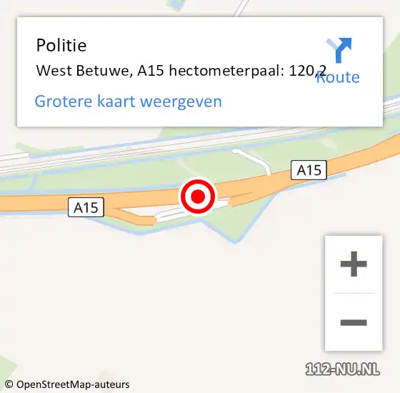 Locatie op kaart van de 112 melding: Politie West Betuwe, A15 hectometerpaal: 120,2 op 7 april 2022 07:17