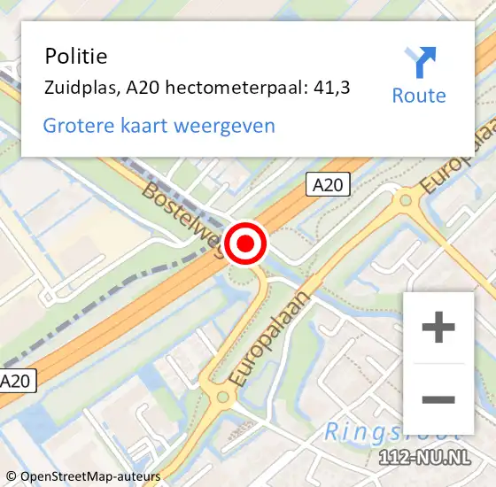 Locatie op kaart van de 112 melding: Politie Zuidplas, A20 hectometerpaal: 41,3 op 7 april 2022 08:21