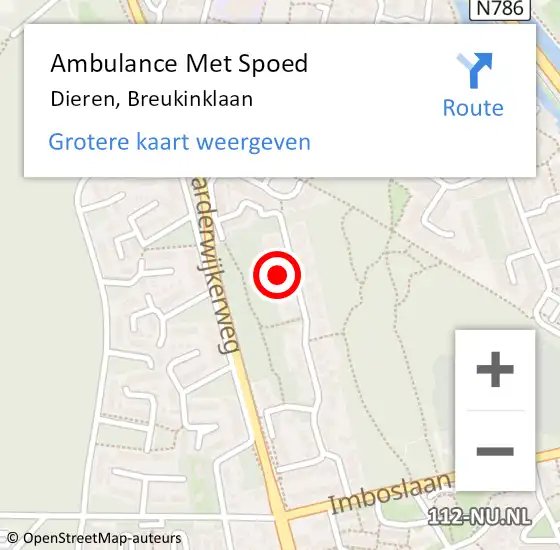 Locatie op kaart van de 112 melding: Ambulance Met Spoed Naar Dieren, Breukinklaan op 7 april 2022 08:23