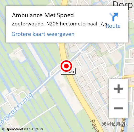 Locatie op kaart van de 112 melding: Ambulance Met Spoed Naar Zoeterwoude, N206 hectometerpaal: 7,5 op 7 april 2022 08:48