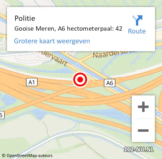 Locatie op kaart van de 112 melding: Politie Gooise Meren, A6 hectometerpaal: 42 op 7 april 2022 10:41