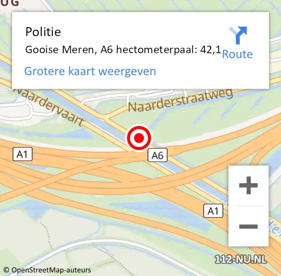 Locatie op kaart van de 112 melding: Politie Gooise Meren, A6 hectometerpaal: 42,1 op 7 april 2022 10:42