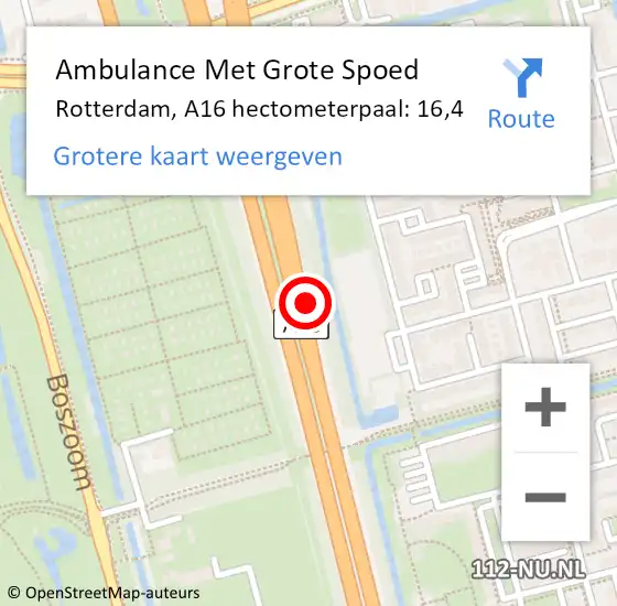 Locatie op kaart van de 112 melding: Ambulance Met Grote Spoed Naar Rotterdam, A16 hectometerpaal: 16,4 op 7 april 2022 11:44